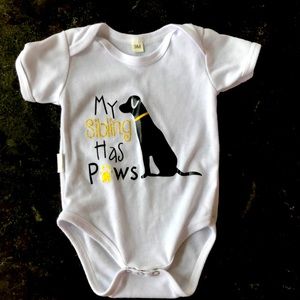 Unisex- 3 Month old white onesie- “My sibling has paws”